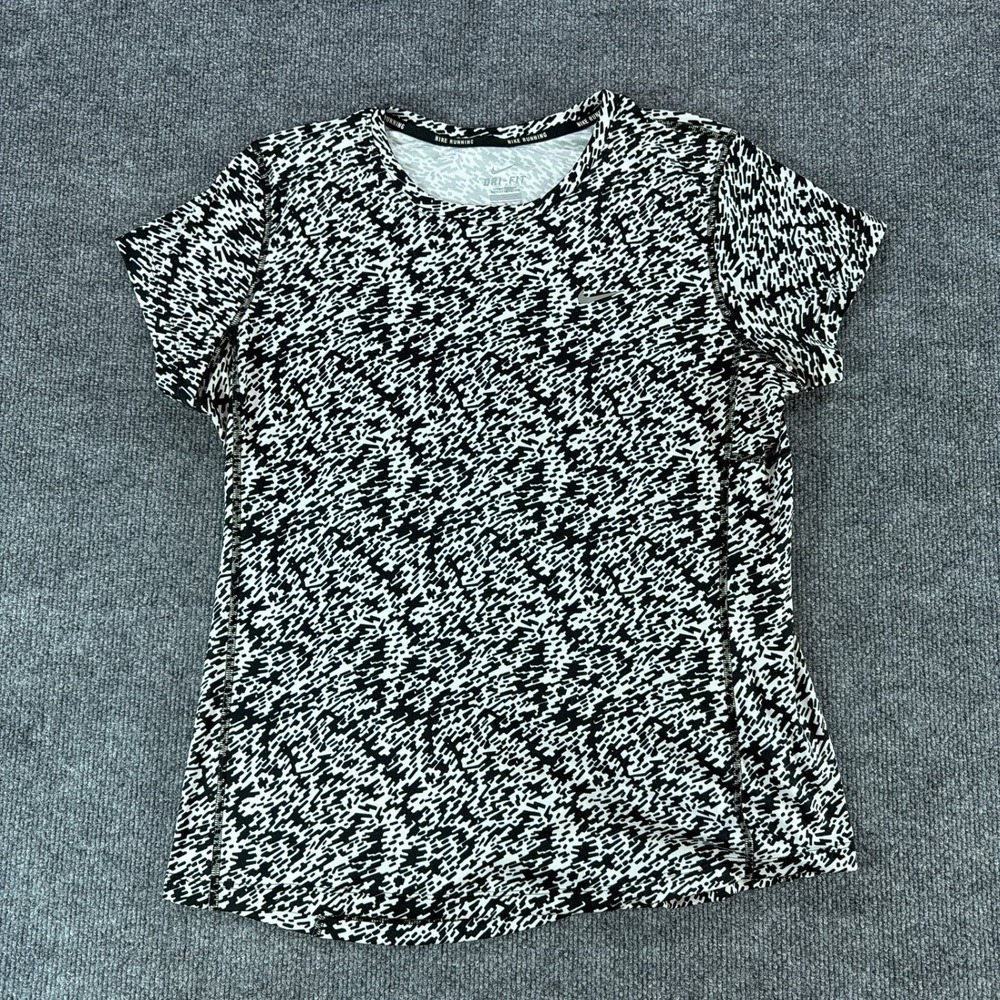 Nike Running Dri-FIT Shirt Womens L Black White Abstract Short Sleeve Athleisure